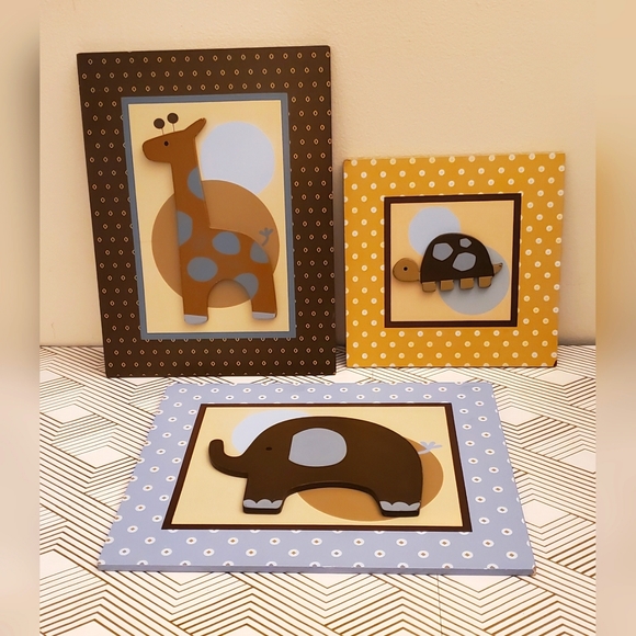 Lambs & Ivy Elephant Giraffe And Turtle Wood Wall Hangings Blue Brown Beige - Picture 1 of 16